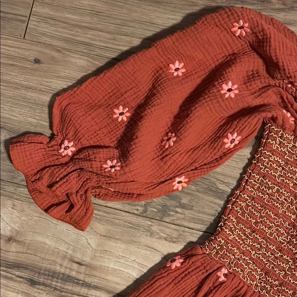 Rust Smocked Maxi Dress with Floral Embroidery - Picture 4 of 5